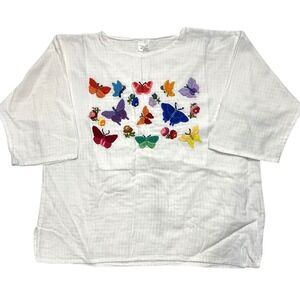 Curtis Porter White Cotton Crewel Embroidered Butterfly Tunic XL Boho